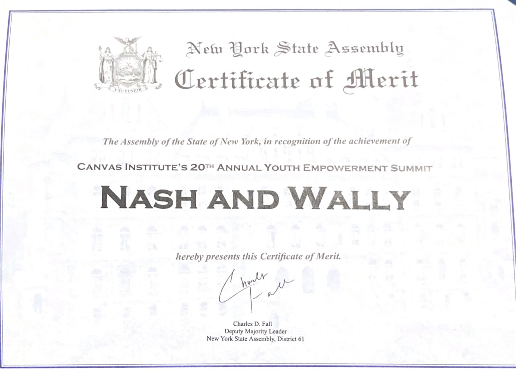 Photograph of the New York State Assembly Certificate of Merit presented to Nash and Wally.