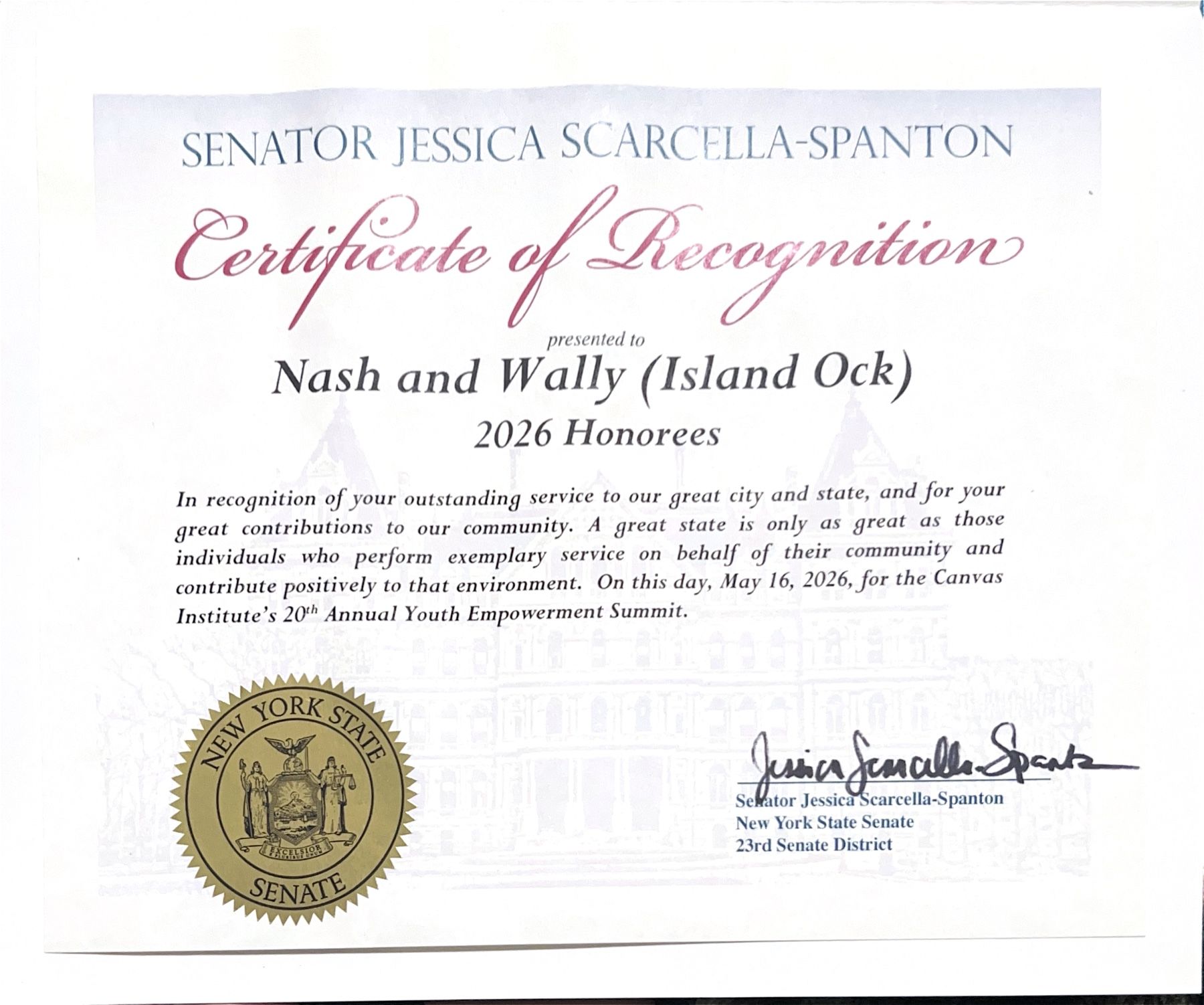 Photograph of the New York State Senate Certificate of Recognition presented to Nash and Wally.