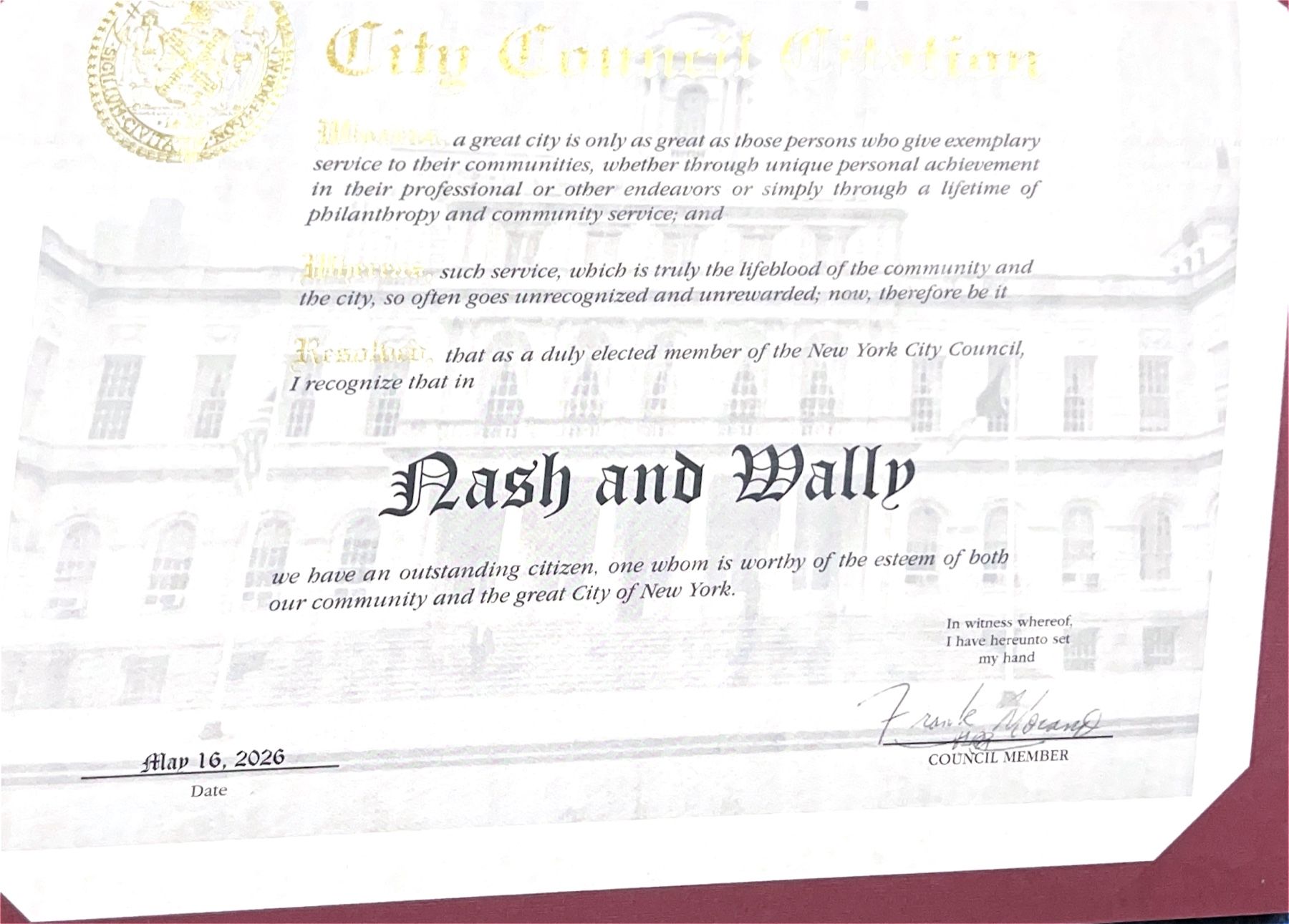 Photograph of the New York City Council citation presented to Nash and Wally.
