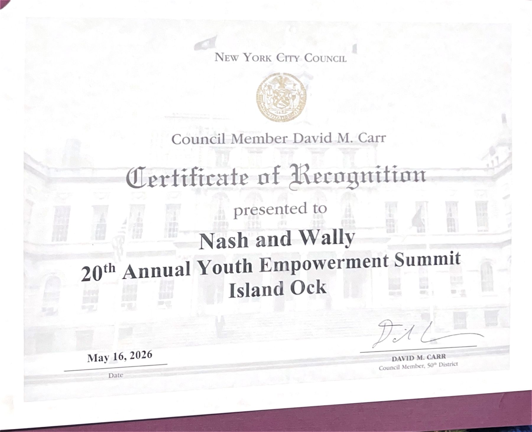 Photograph of the New York City Council Certificate of Recognition presented to Nash and Wally.