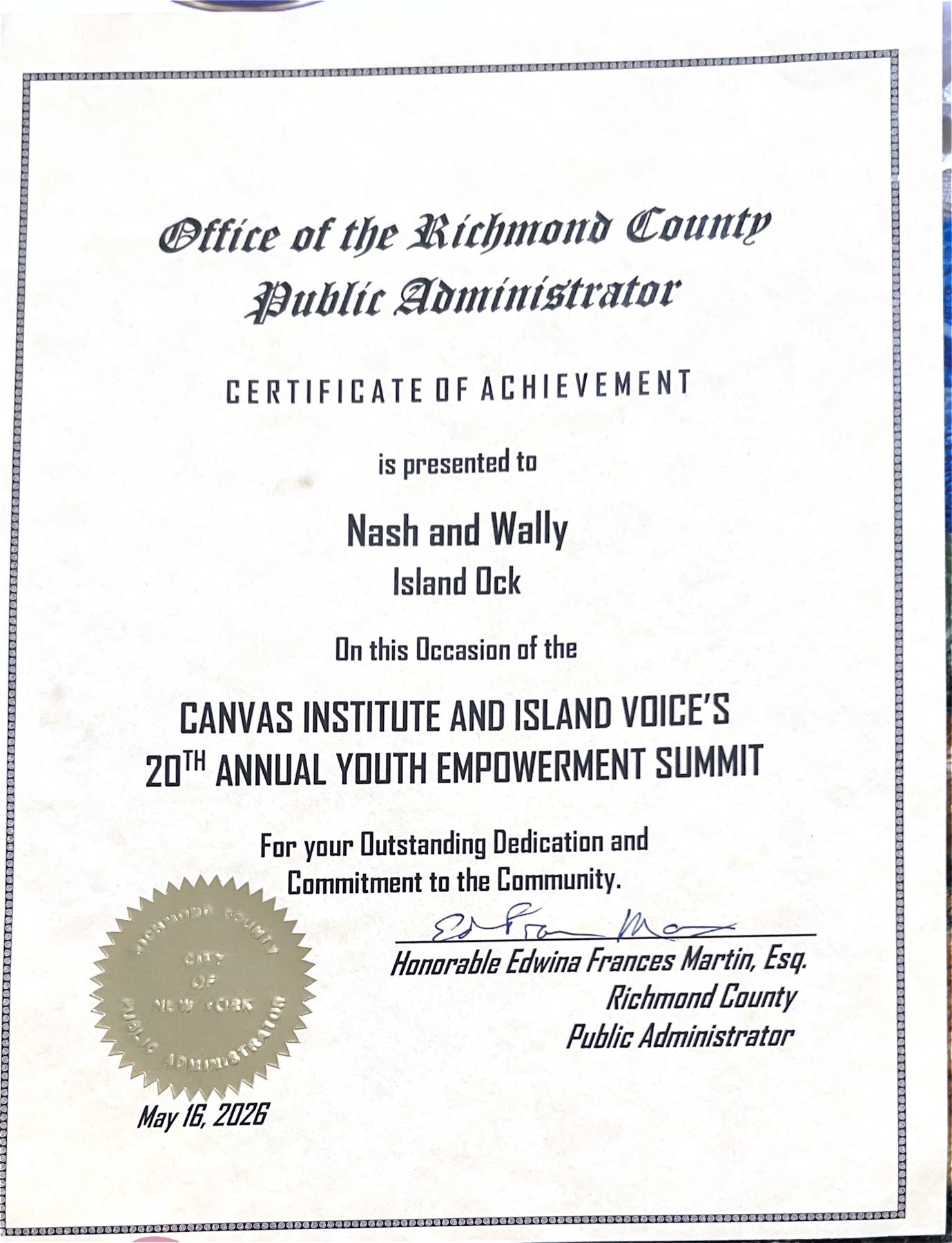 Photograph of the Richmond County Certificate of Achievement presented to Nash and Wally.
