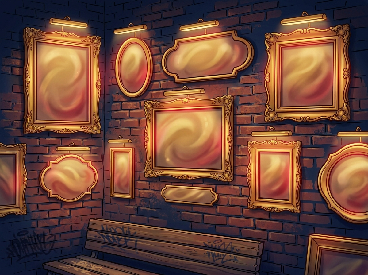 Ornate golden frames glowing on an exposed brick wall — illustrated