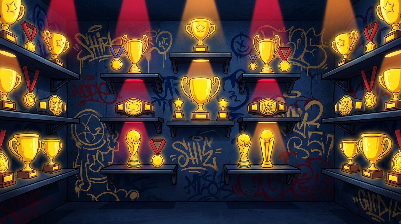 A wall of glowing golden trophies and medals on dark shelves — illustrated