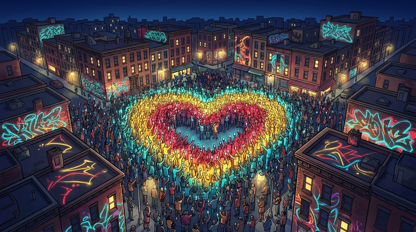 Aerial view of a crowd forming a glowing heart with phone flashlights at night — illustrated