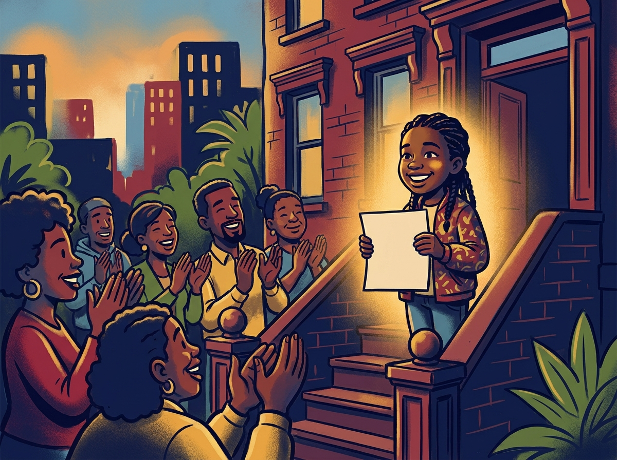 A proud young girl showing her grades to clapping neighbors on a stoop — illustrated