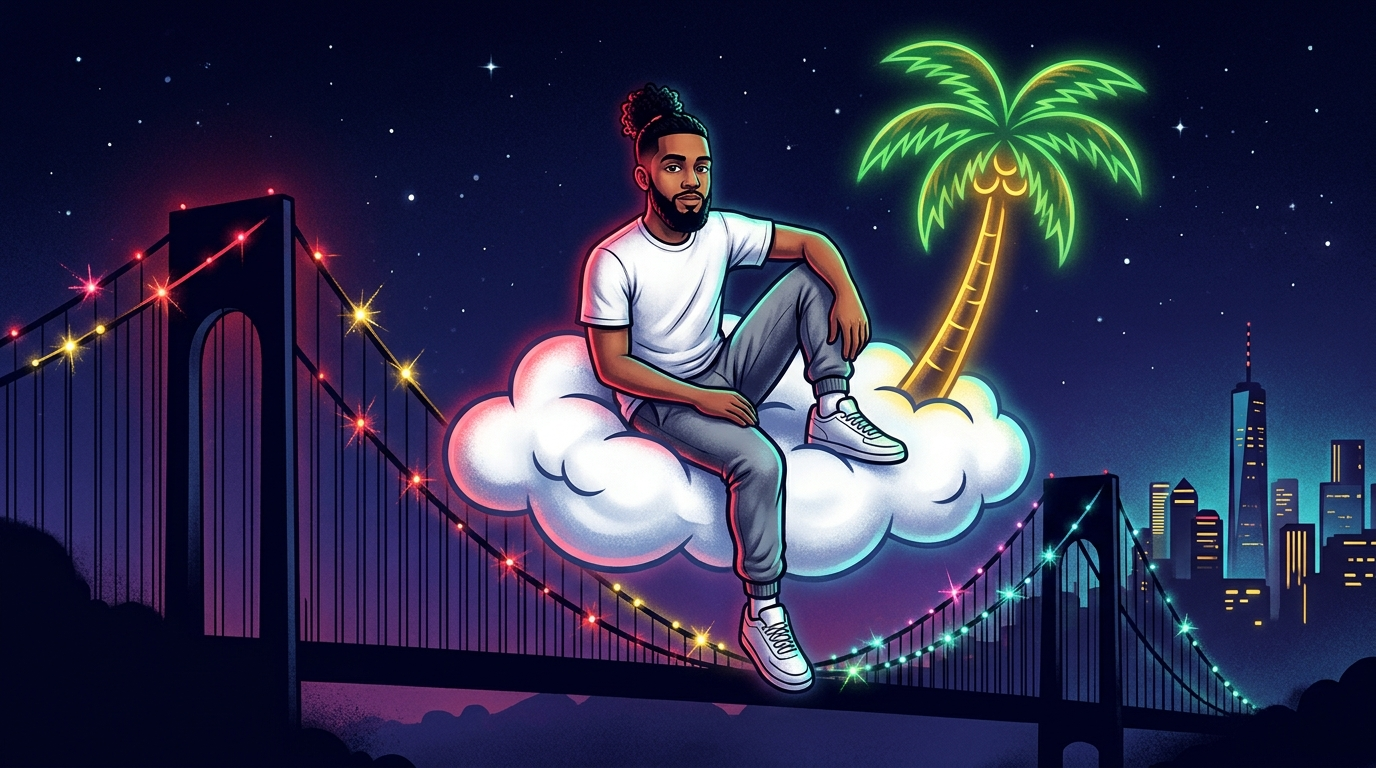 Island Ock sitting on a cloud above the Verrazzano bridge at night — illustrated