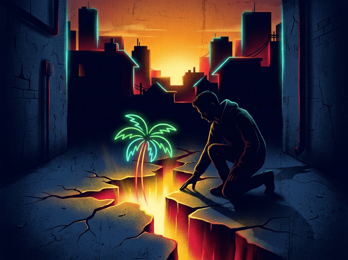 Golden light and a palm sapling growing out of cracked concrete at sunrise — illustrated