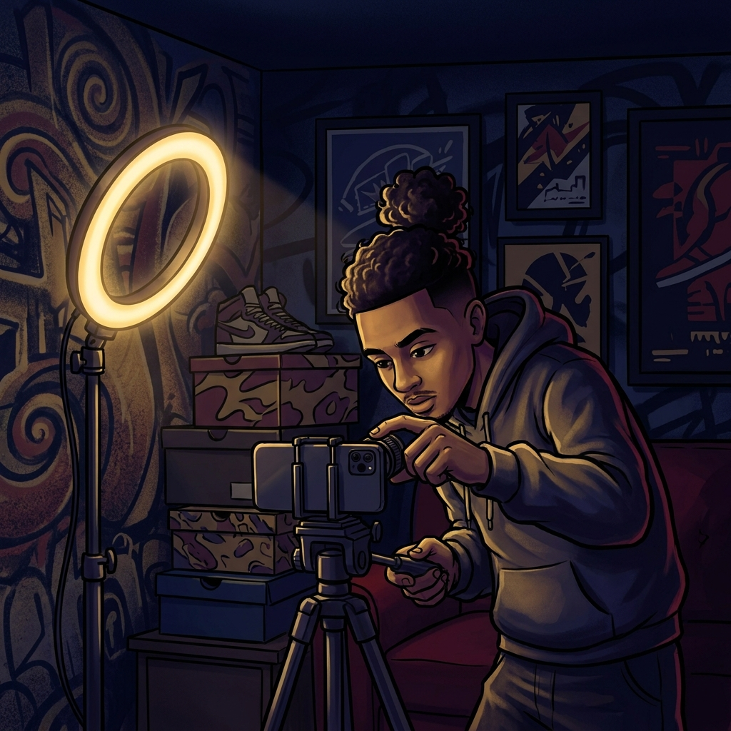 Behind the scenes: ring light and phone rig in a small room at night — illustrated