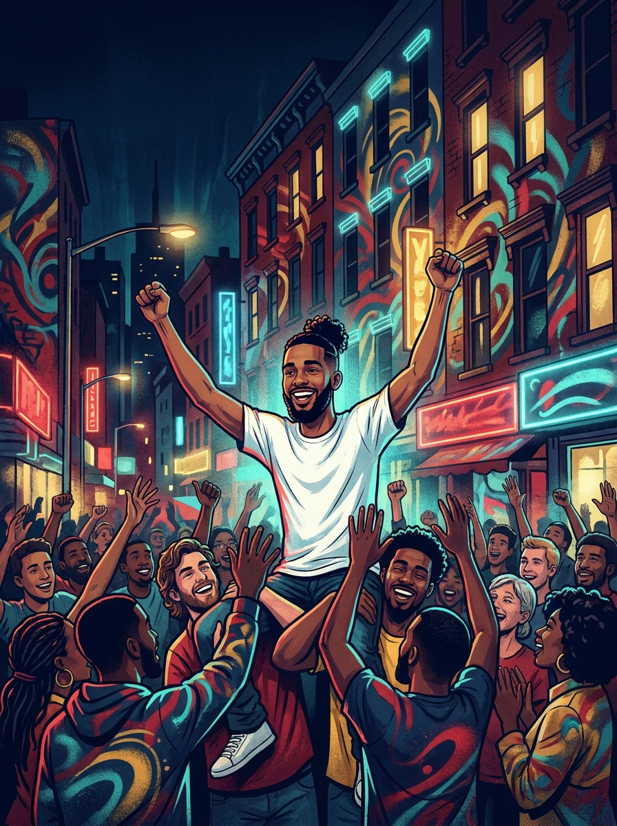 Island Ock lifted on the crowd's shoulders at night — illustrated