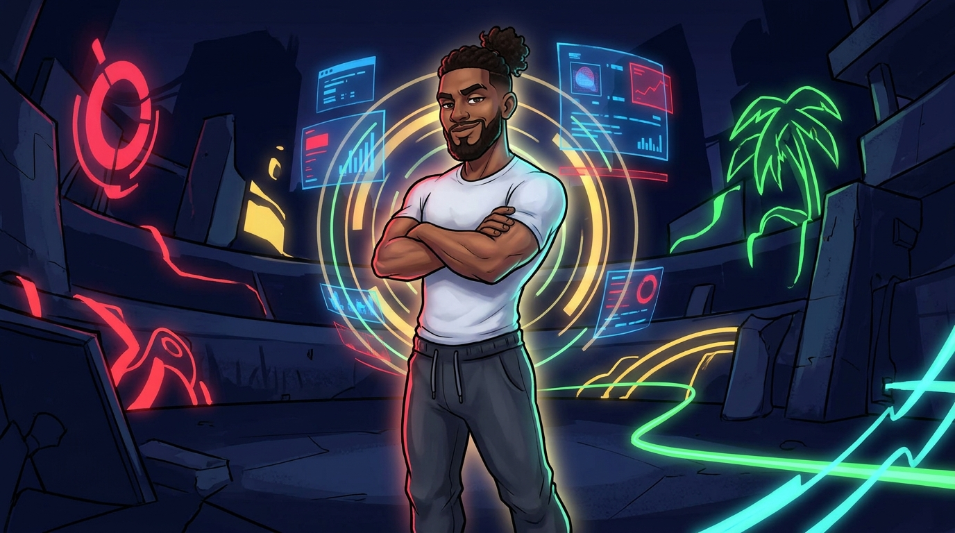 Island Ock in a heroic video-game character-select pose surrounded by neon holographic rings — illustrated
