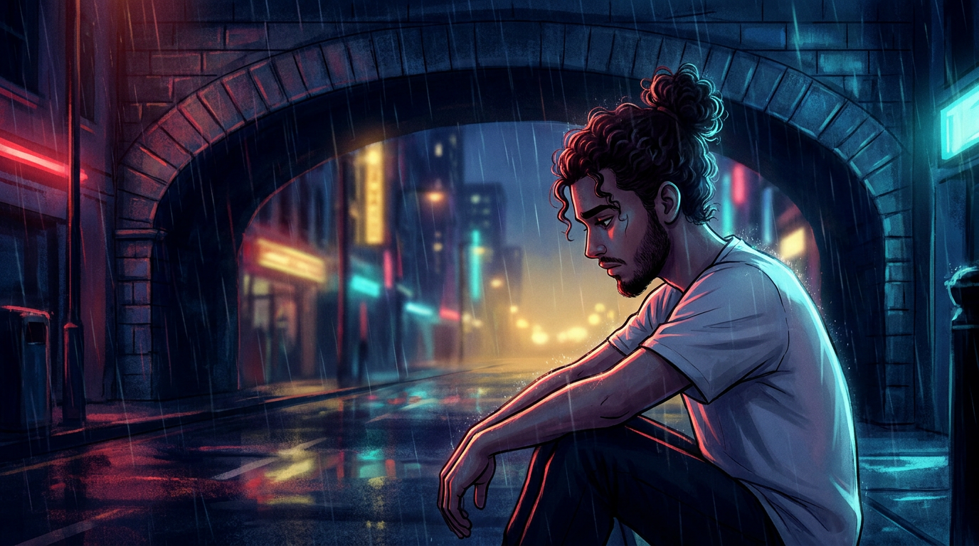 A man sitting under a dark bridge at night looking toward a distant golden light — illustrated